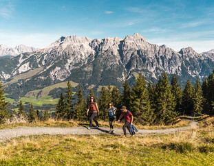 drei Wanderer unterwegs auf den Wanderwegen in Saalfelden Leogang | © Michael Geißler