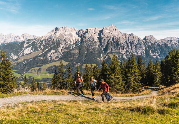 drei Wanderer unterwegs auf den Wanderwegen in Saalfelden Leogang | © Michael Geißler