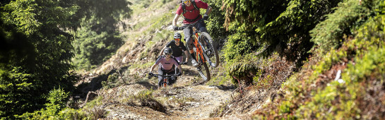 Biker auf der Steinbergline auf dem Weg zur Bergspitze in Saalfelden-Leogang | © Klemens König