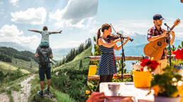 Musicians on a mountain hut and a family hiking