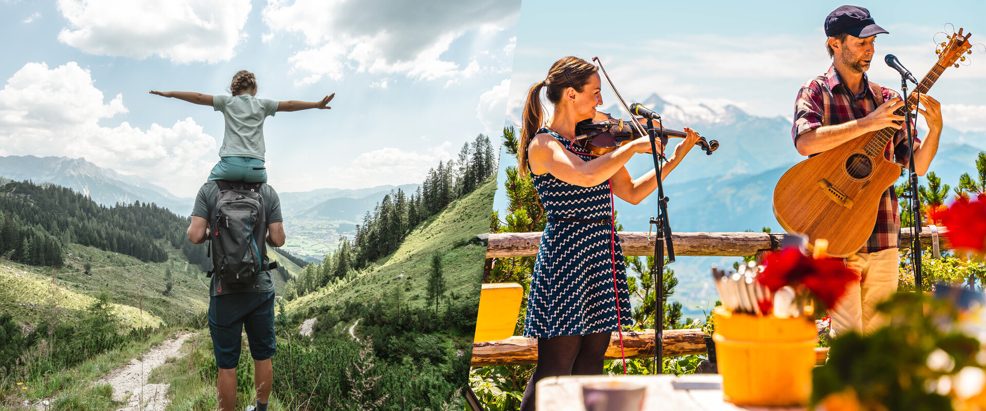 Musikanten auf einer Berghütte und eine Familie beim Wandern